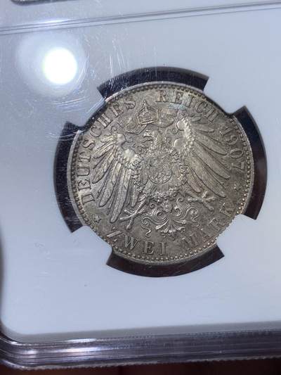 《竞宝斋》第423场 周日，周一，周二  3场连拍 （全场包邮） NGC MS64 德国1907J汉堡-双狮2马克银币 细节见图
