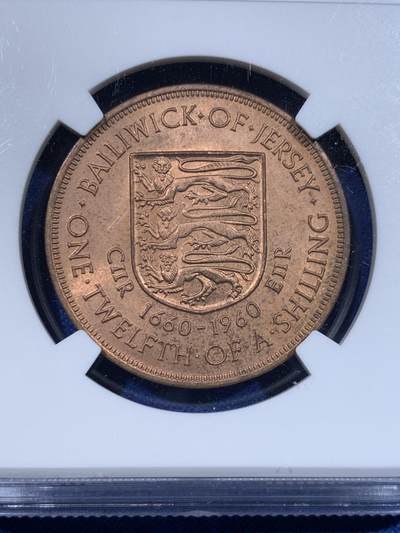 《竞宝斋》第423场 周日，周一，周二  3场连拍 （全场包邮） NGC MS64RB 英属泽西岛1960年1/12先令王朝纪念 红棕色充分氧化超高分少见