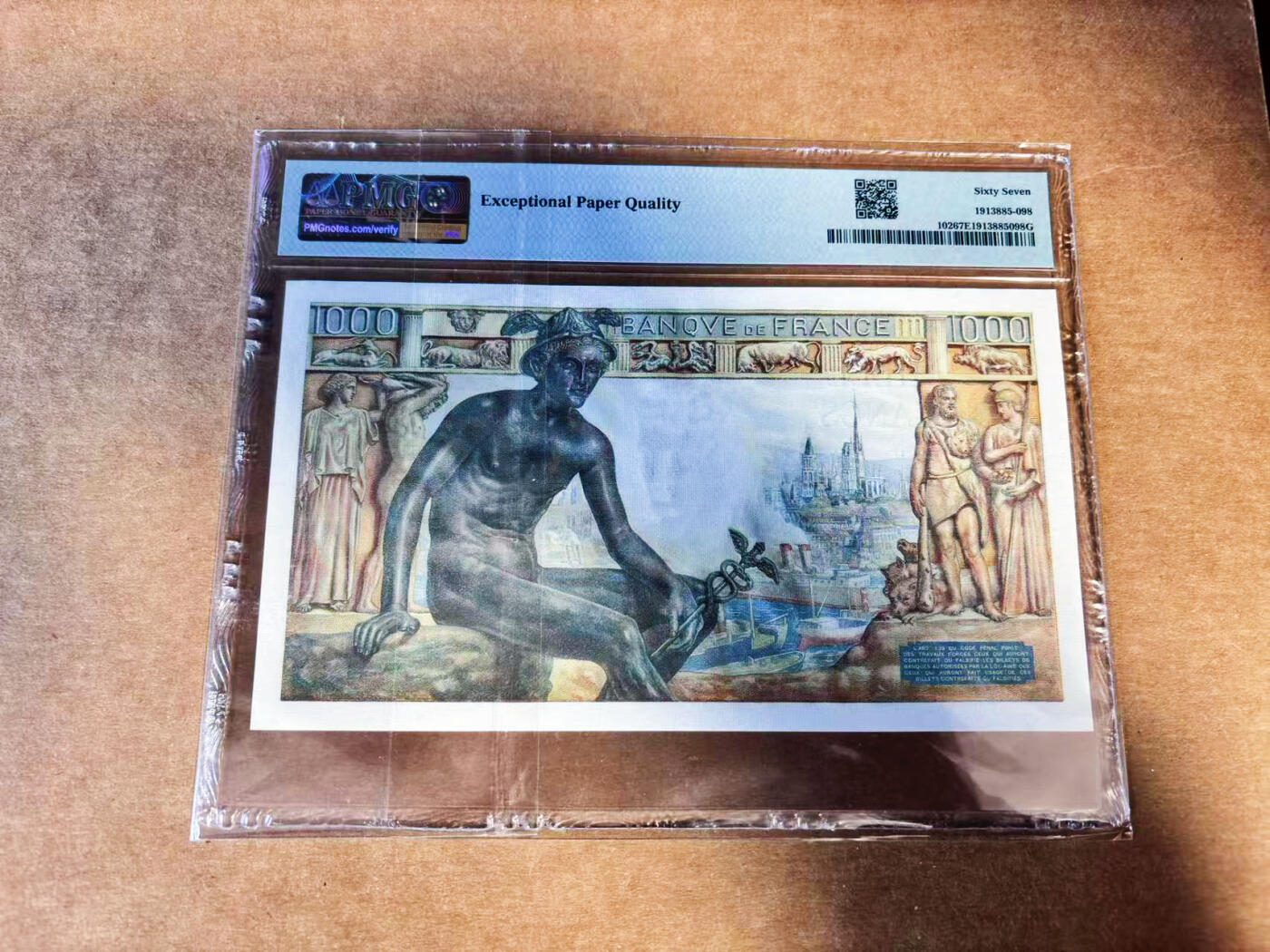 【Blue Auction】世界纸币精拍第732期——祝各位藏友国庆中秋假期快乐！ 法国 1943年1000法郎 圣母 墨丘利 大票幅 PMG67EPQ 