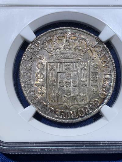 《竞宝斋》第423场 周日，周一，周二  3场连拍 （全场包邮） NGC MS62 葡萄牙1815年S400R银币，五彩包浆。