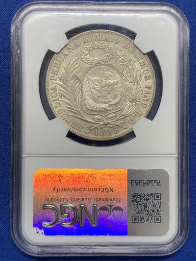 《竞宝斋》第423场 周日，周一，周二  3场连拍 （全场包邮） NGC AU55 危地马拉1894年加盖秘鲁坐人1比索1885年银币，细节非常清晰，加盖位置居中，比较难得。