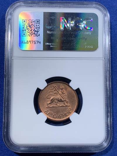 《竞宝斋》第423场 周日，周一，周二  3场连拍 （全场包邮） NGC MS64RB 埃塞俄比亚1936年海尔·塞拉西扛旗狮10分铜币 高分少见 亚军分