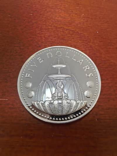 长老汇蛇年精选第五十四场拍卖 1978巴巴多斯贝壳喷泉5元精制银币，1盎司800银，仅有4000多枚
