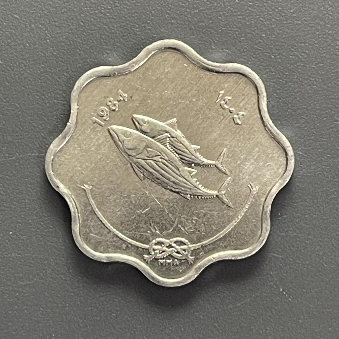 回流钱币1001-1 全新马尔代夫1984年5拉里梅花形铝币 金枪鱼