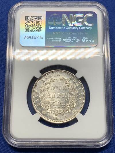 《竞宝斋》第423场 周日，周一，周二  3场连拍 （全场包邮） NGC AU55 印度1840年维多利亚女王双辫1卢比银币