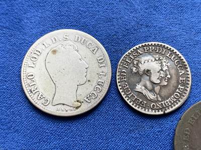 《竞宝斋》第423场 周日，周一，周二  3场连拍 （全场包邮） 四枚一组 意大利拿破仑时期法占卢卡邦国辅币：少见1806年3分和5分面值铜币，1808年1法郎银币，VF品，1837年2里拉银币，F品