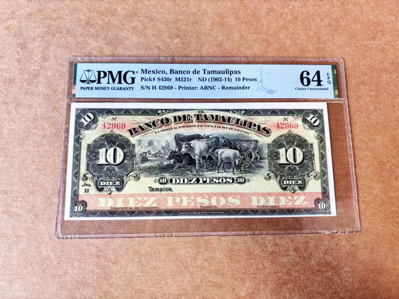 【Blue Auction】世界纸币精拍第732期——祝各位藏友国庆中秋假期快乐！ 墨西哥 1902-14年10比索 牧牛大场景 背面二犬观湖 PMG64EPQ 全新原票 ABNC出品雕刻精美