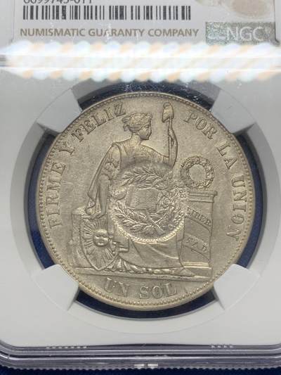 《竞宝斋》第423场 周日，周一，周二  3场连拍 （全场包邮） NGC AU55 危地马拉1894年加盖秘鲁坐人1比索1885年银币，细节非常清晰，加盖位置居中，比较难得。