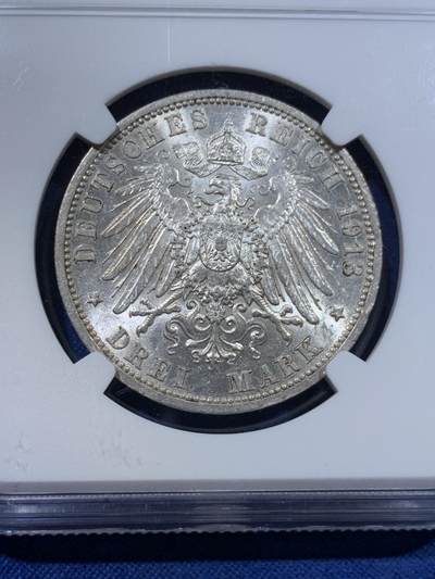 《竞宝斋》第423场 周日，周一，周二  3场连拍 （全场包邮） NGC MS63 德国1913A吕贝克3马克银币