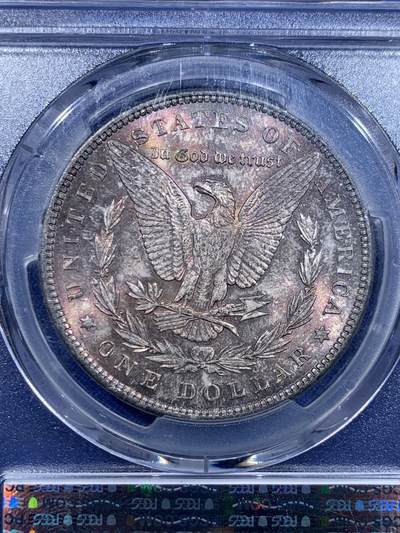 《竞宝斋》第423场 周日，周一，周二  3场连拍 （全场包邮） PCGS MS64 美国1896年摩根1美元银币 鹰面五彩 卷首包浆 原光好品