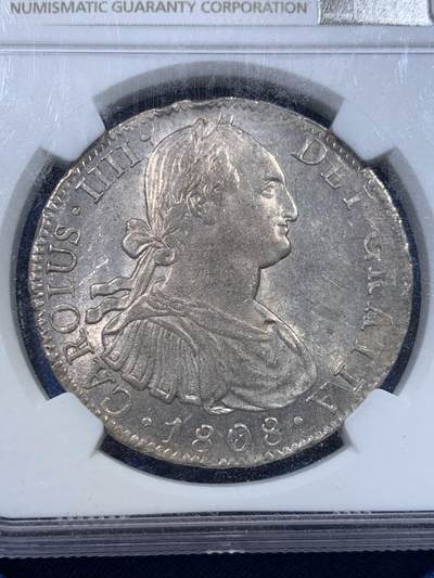 《竞宝斋》第423场 周日，周一，周二  3场连拍 （全场包邮） NGC UNCD 墨西哥1808年卡洛斯四世8里亚尔大银币 带转光 细节极佳 热门品种