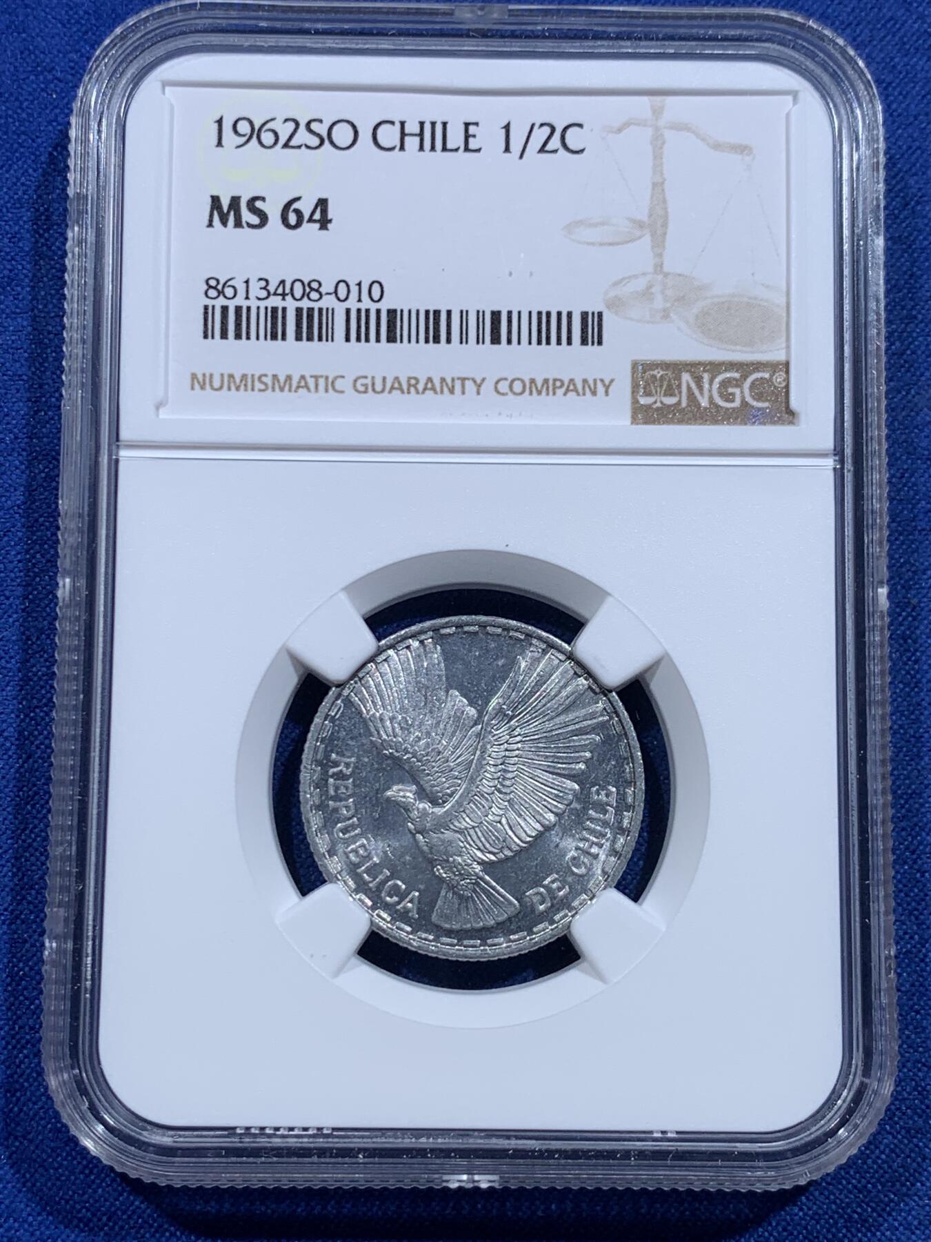 《竞宝斋》第423场 周日，周一，周二  3场连拍 （全场包邮） NGC MS64 智利1962年1/2分铝币，少见品种，此时期少见的面值！此分数收藏合适！