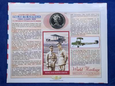 《竞宝斋》第423场 周日，周一，周二  3场连拍 （全场包邮） 英国2005年发行英国澳大利亚1919首航纪念邮币封。嵌入1988年马恩岛澳大利亚凤头鹦鹉纪念克朗币，邮票皆为英澳历史遗迹。超豪华大幅仿航空信封设计，元素满满，美轮美奂。