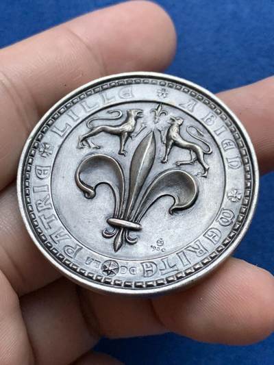 《竞宝斋》第423场 周日，周一，周二  3场连拍 （全场包邮） 法国里尔国家重大贡献奖章，看着像是镀银材质，直径40.5mm，重量38.5克。