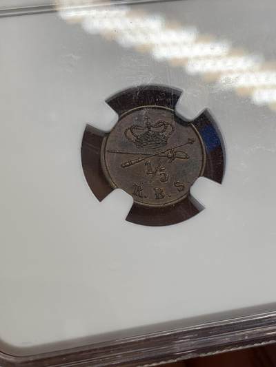 《竞宝斋》第423场 周日，周一，周二  3场连拍 （全场包邮） NGC MS64BN 丹麦1842年1/5斯克林铜币 高分少见小辅币保存不易