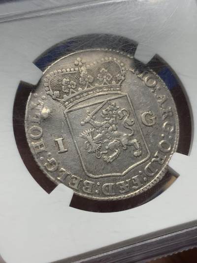 《竞宝斋》第423场 周日，周一，周二  3场连拍 （全场包邮） NGC AU 荷兰 1763年 站人 1盾 银币 细节见图