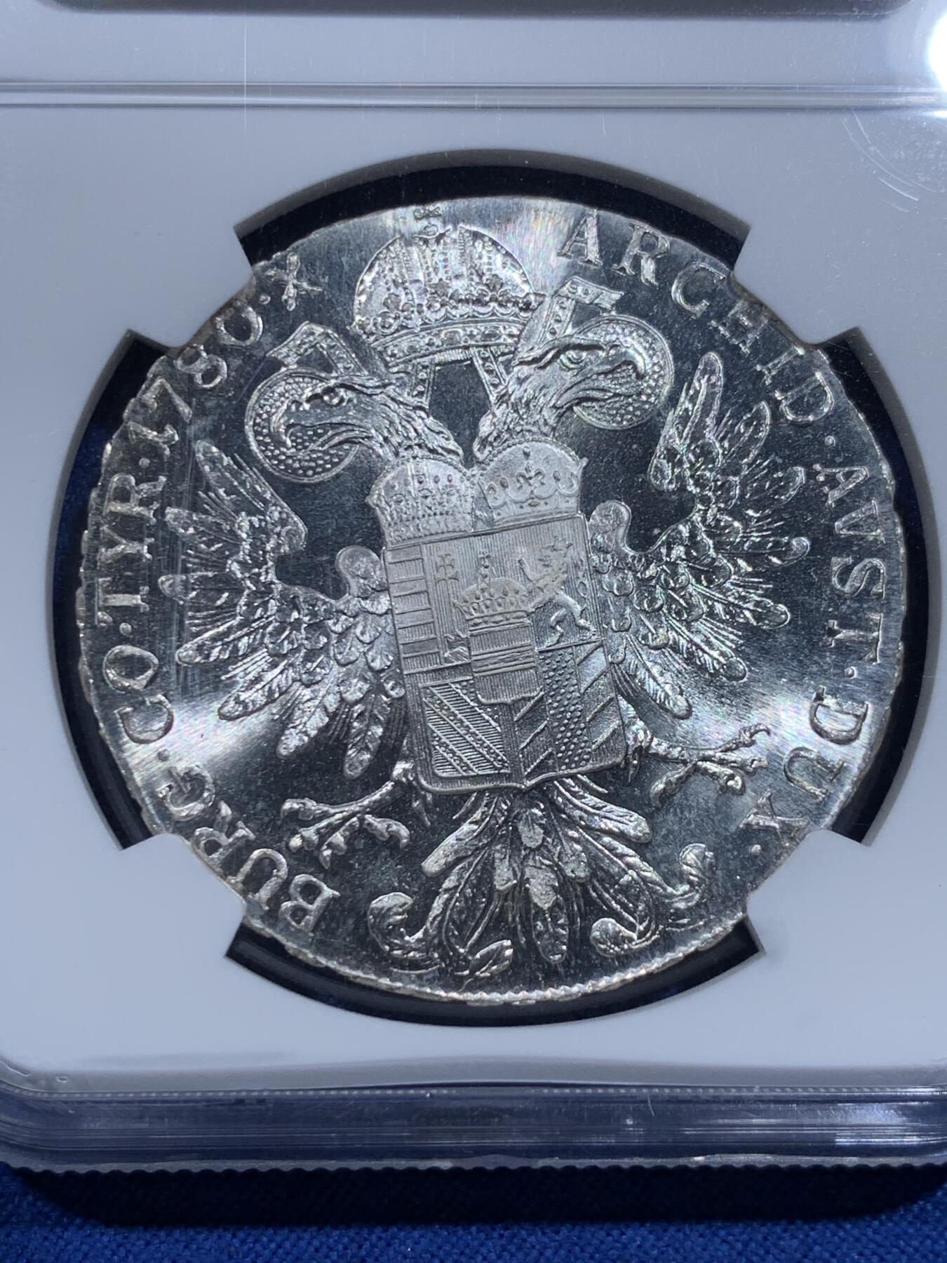 《竞宝斋》第423场 周日，周一，周二  3场连拍 （全场包邮） NGC MS65 双须版 奥地利1780大奶妈银币 原光 双须版好品稀少