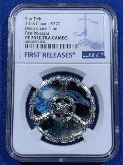 《竞宝斋》第423场 周日，周一，周二  3场连拍 （全场包邮） NGC PF70UC 加拿大2018年星际迷航深空九号星舰20加元异形双面精制彩色银币（30.75克重，9999纯银，36.15MM，全球限量4500枚、盒证齐全）重温科幻经典！80后的集体回忆~