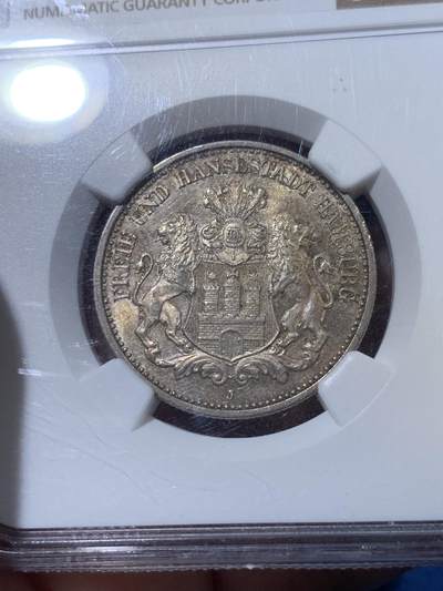 《竞宝斋》第423场 周日，周一，周二  3场连拍 （全场包邮） NGC MS64 德国1907J汉堡-双狮2马克银币 细节见图