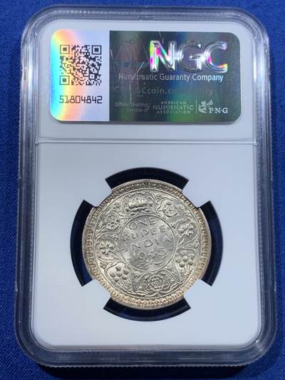 《竞宝斋》第423场 周日，周一，周二  3场连拍 （全场包邮） NGC MS62 英属印度1945年乔治六世1卢比L版 拉合尔厂少见 不是常见的B或者C版