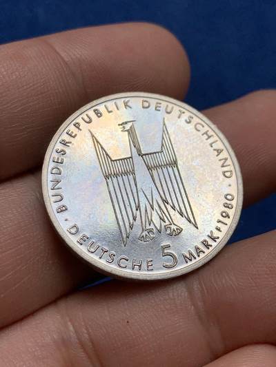 《竞宝斋》第423场 周日，周一，周二  3场连拍 （全场包邮） 联邦德国1980年5马克 科隆大教堂建成100周年 原光UNC品相精制币