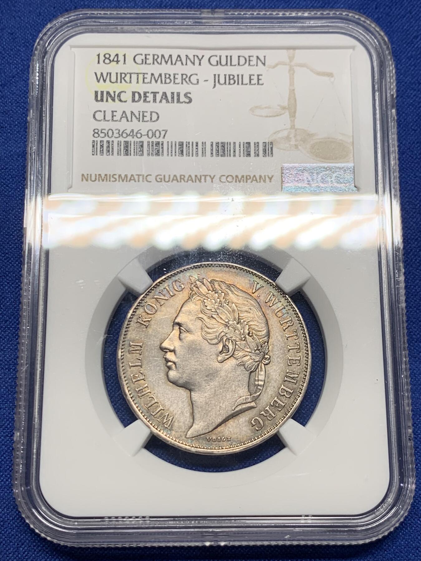 《竞宝斋》第423场 周日，周一，周二  3场连拍 （全场包邮） NGC UNC 德国1841年 符腾堡登基纪念1盾银币 原味包浆 品相状态很舒服