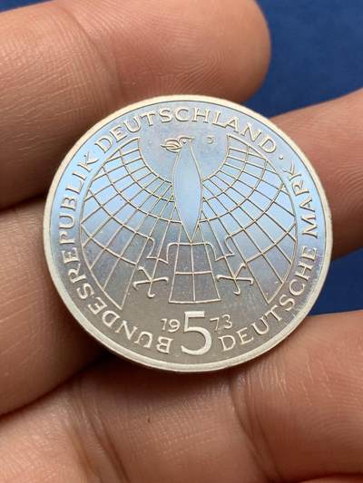 《竞宝斋》第423场 周日，周一，周二  3场连拍 （全场包邮） 联邦德国1973年5马克银币 哥白尼诞辰500周年 原光UNC品相精制币