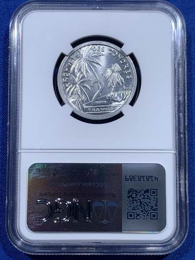 《竞宝斋》第423场 周日，周一，周二  3场连拍 （全场包邮） 两枚一组 NGC MS65/63 1964科摩罗2/1法郎 少见铝币 高分不易 图案富有法属风情 可藏 细节见图