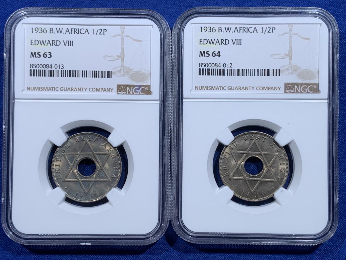 《竞宝斋》第423场 周日，周一，周二  3场连拍 （全场包邮） 两枚一组 NGC MS64 英属西非1936年爱德华八世1/2便士镍币 爱八经典品种 高分少见