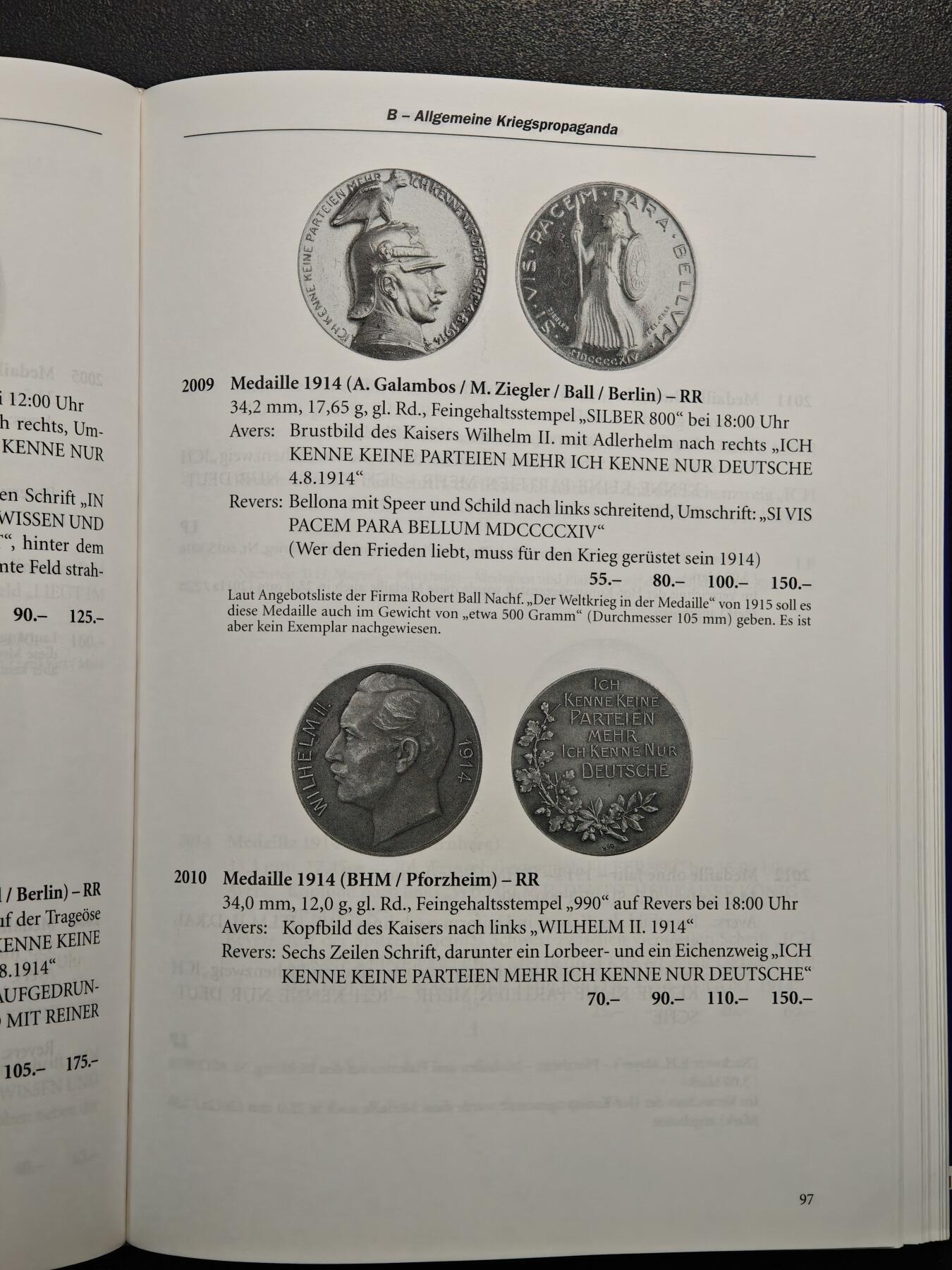 【德藏】世界币章拍卖第148期（拍品征集中~欢迎藏友联系） 97新  硬壳精装  德国一战银章目录 了解一战银章必备工具书 全书约384页