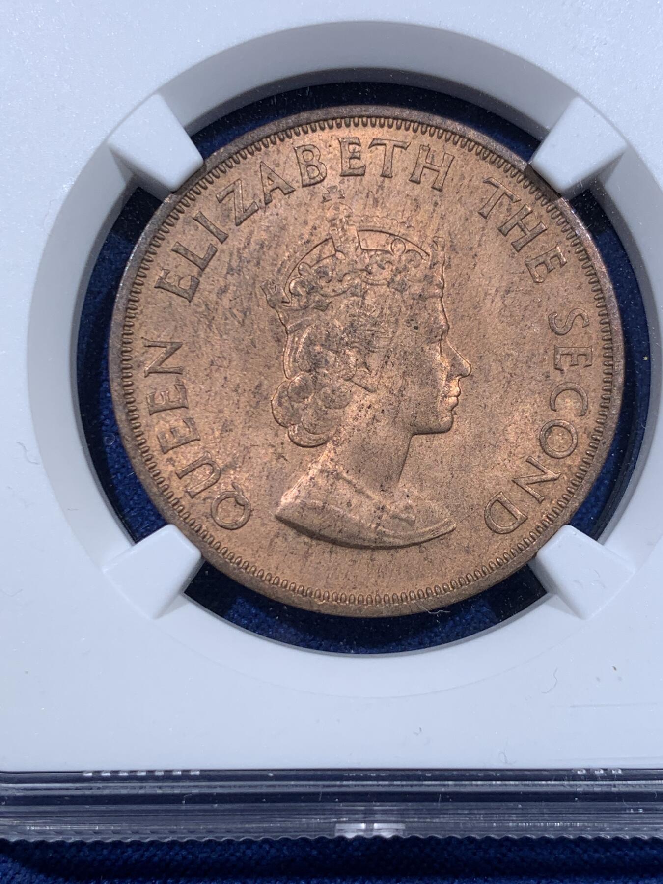 《竞宝斋》第423场 周日，周一，周二  3场连拍 （全场包邮） NGC MS64RB 英属泽西岛1960年1/12先令王朝纪念 红棕色充分氧化超高分少见