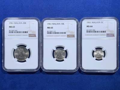 《竞宝斋》第423场 周日，周一，周二  3场连拍 （全场包邮） 三枚一组 NGC MS65-66 英属马来亚1961年5/10/20分大小面值一组 拆卷评级车轮光 收藏级的分数！