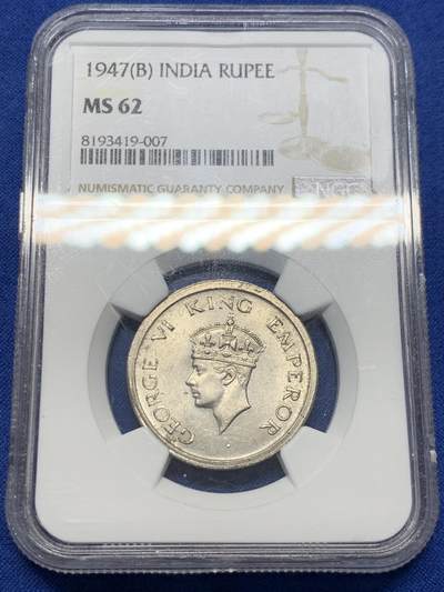 《竞宝斋》第423场 周日，周一，周二  3场连拍 （全场包邮） - NGC MS62 印度1947年1卢比 最后的英属殖民地卢比