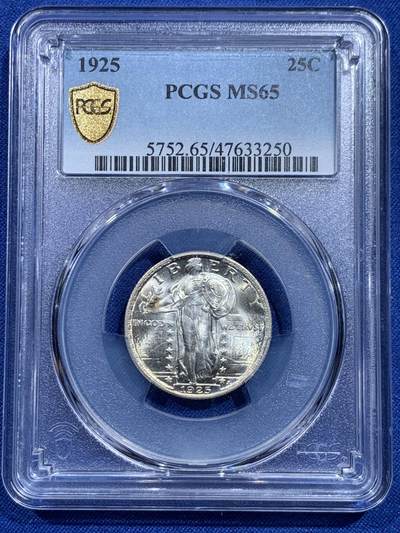 《竞宝斋》第423场 周日，周一，周二  3场连拍 （全场包邮） - PCGS MS65 美国 1925年 25美分 站人 银币 经典站姿女神+飞鹰设计 高分 银光充沛 美系经典品种