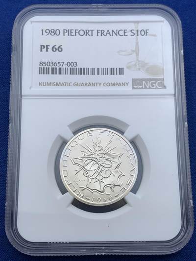 《竞宝斋》第423场 周日，周一，周二  3场连拍 （全场包邮） NGC PF66 法国第五共和国 1980年 10法郎加厚精制银币 资料显示发行量仅820枚