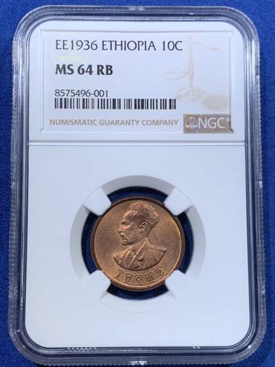 《竞宝斋》第423场 周日，周一，周二  3场连拍 （全场包邮） NGC MS64RB 埃塞俄比亚1936年海尔·塞拉西扛旗狮10分铜币 高分少见 亚军分