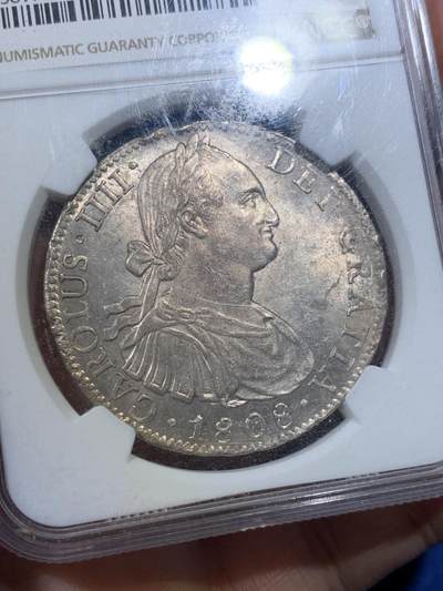 《竞宝斋》第423场 周日，周一，周二  3场连拍 （全场包邮） NGC UNCD 墨西哥1808年卡洛斯四世8里亚尔大银币 带转光 细节极佳 热门品种