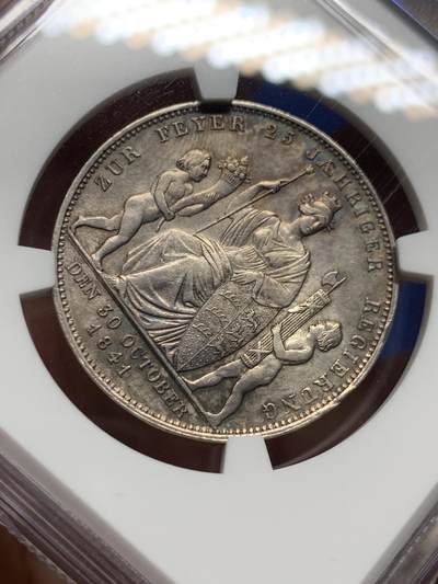 《竞宝斋》第423场 周日，周一，周二  3场连拍 （全场包邮） NGC UNC 德国1841年 符腾堡登基纪念1盾银币 原味包浆 品相状态很舒服
