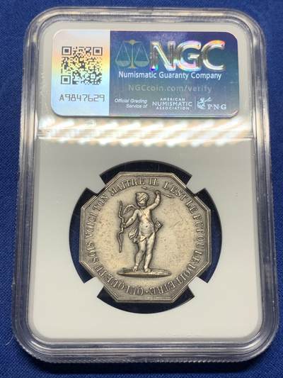 《竞宝斋》第423场 周日，周一，周二  3场连拍 （全场包邮） NGC MS63 高分 法国双面神-爱神丘比特银质八角代币 31mm