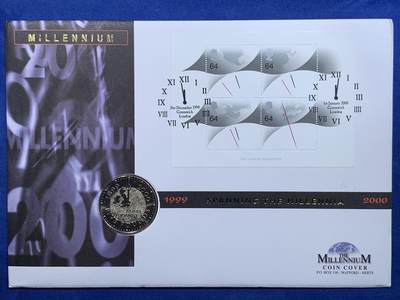 《竞宝斋》第423场 周日，周一，周二  3场连拍 （全场包邮） - 英国2000年千禧年跨越世纪，格林尼治倒计时主题纪念限量邮币封，经典世纪倒计时表盘同题材5英镑纪念克朗币。经典的一枚，超大幅设计。
