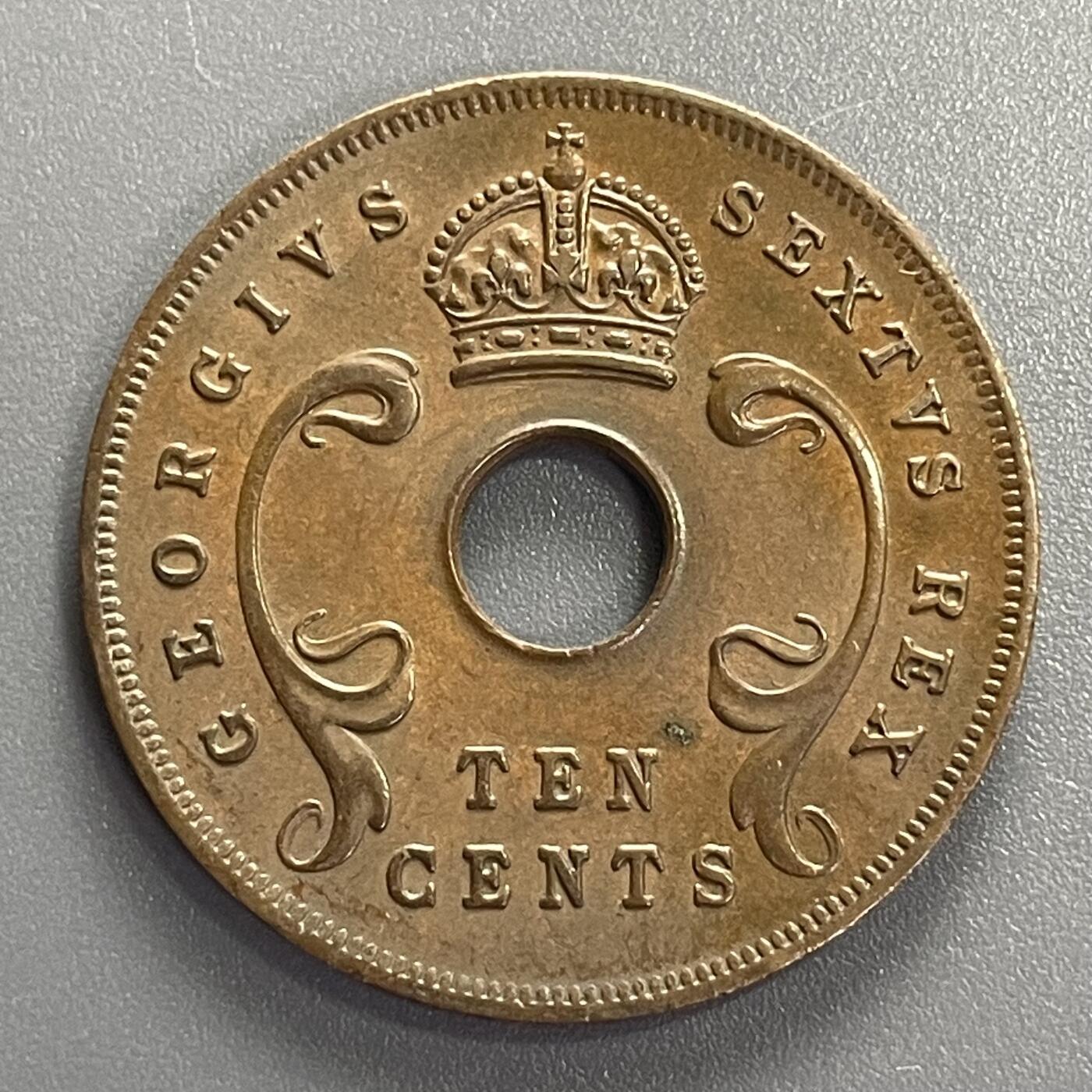 回流钱币1001-1 英属东非1951年乔治六世10分中孔大铜币 未使用美品