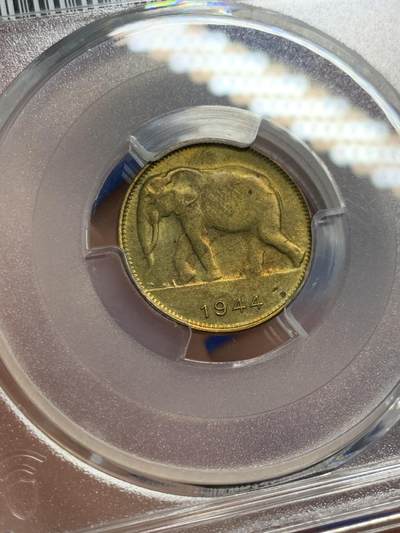 《竞宝斋》第423场 周日，周一，周二  3场连拍 （全场包邮） PCGS MS63 比利时刚果1944年大象1法郎铜币