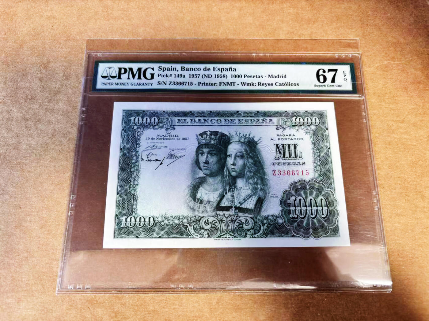 【Blue Auction】世界纸币精拍第732期——祝各位藏友国庆中秋假期快乐！ 西班牙 1957年1000比塞塔   PMG67EPQ 双王