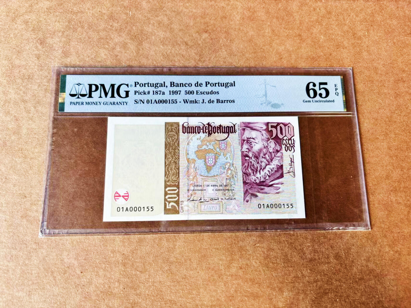【Blue Auction】世界纸币精拍第732期——祝各位藏友国庆中秋假期快乐！ 【a版01A冠155小号】葡萄牙 1997年500埃斯库多 PMG65EPQ