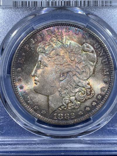 《竞宝斋》第423场 周日，周一，周二  3场连拍 （全场包邮） PCGS MS63 美国1882年摩根女神一美元银币 金属质感五彩包浆