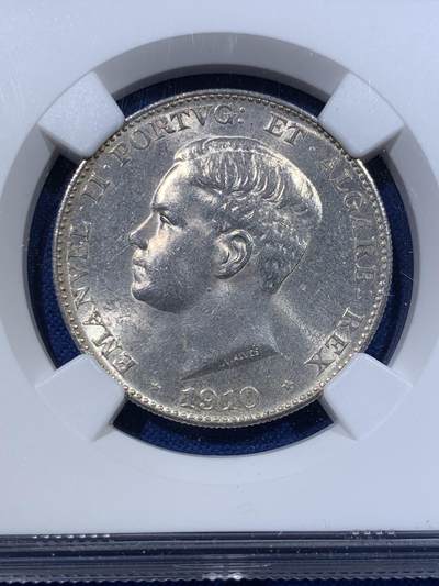 《竞宝斋》第423场 周日，周一，周二  3场连拍 （全场包邮） NGC MS62 葡萄牙1910年曼努埃尔二世 彭巴尔侯爵纪念500R银币 少见