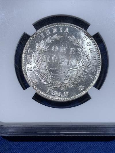 《竞宝斋》第423场 周日，周一，周二  3场连拍 （全场包邮） NGC MS63 英属印度1840年维多利亚女王双辫青年头像（小维）1卢比银币，银光闪闪，币面清爽干净又舒适，状态一流。