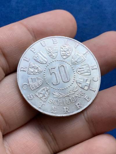 《竞宝斋》第423场 周日，周一，周二  3场连拍 （全场包邮） 奥地利1964年50先令纪念银币，64年茵斯布鲁克冬奥会滑雪。