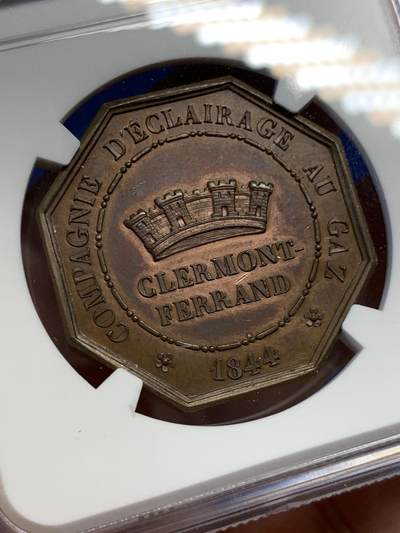 《竞宝斋》第423场 周日，周一，周二  3场连拍 （全场包邮） NGC MS62 法国1844年克莱蒙费朗工业八角铜代币