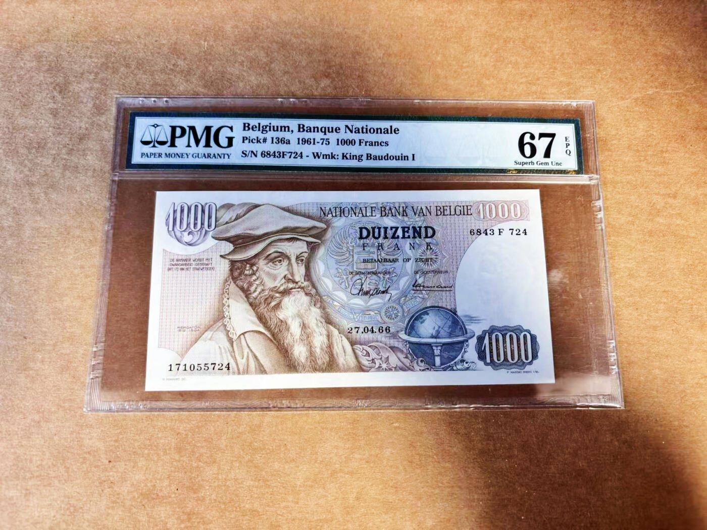 【Blue Auction】世界纸币精拍第732期——祝各位藏友国庆中秋假期快乐！ 比利时 1966年1000法郎 大力神  PMG67EPQ 